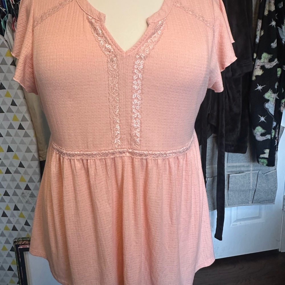 Women's Peach Lace Trim Top
